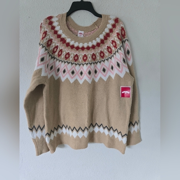 Holiday Time Sweater Women 2X Plus Long Sleeve Grannycore Tan Red Fair Isle New - Picture 2 of 15